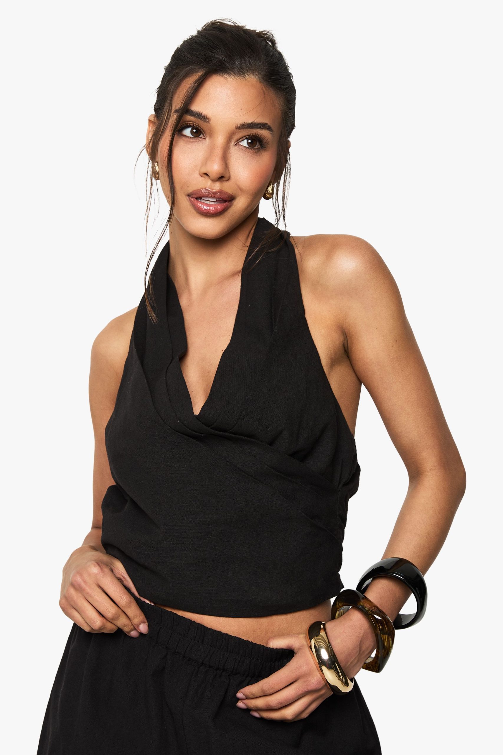 Linen Look Wrap Front Crop Top
