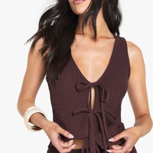Cheesecloth Tie Front Sleeveless Top