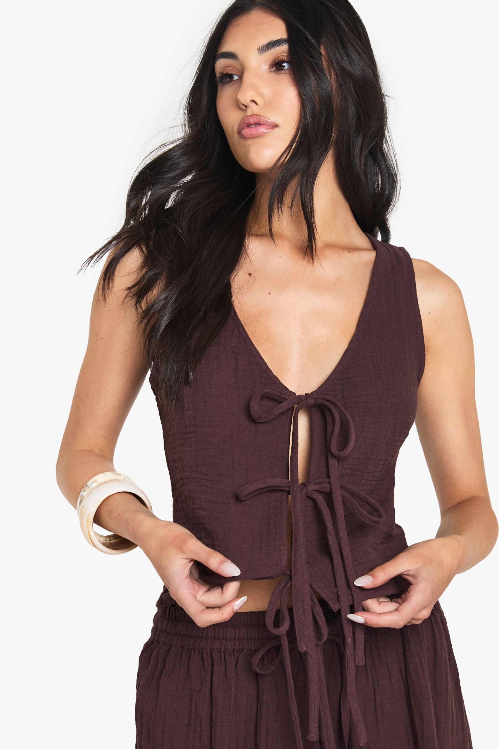 Cheesecloth Tie Front Sleeveless Top