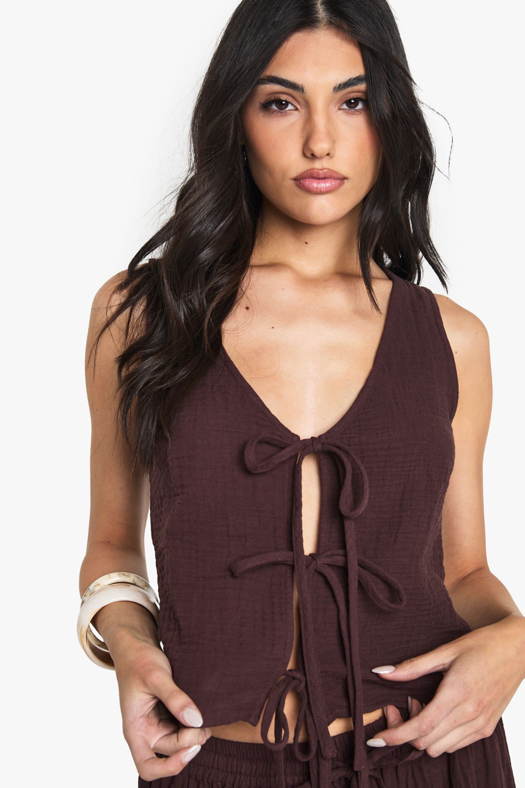 Cheesecloth Tie Front Sleeveless Top - Image 4