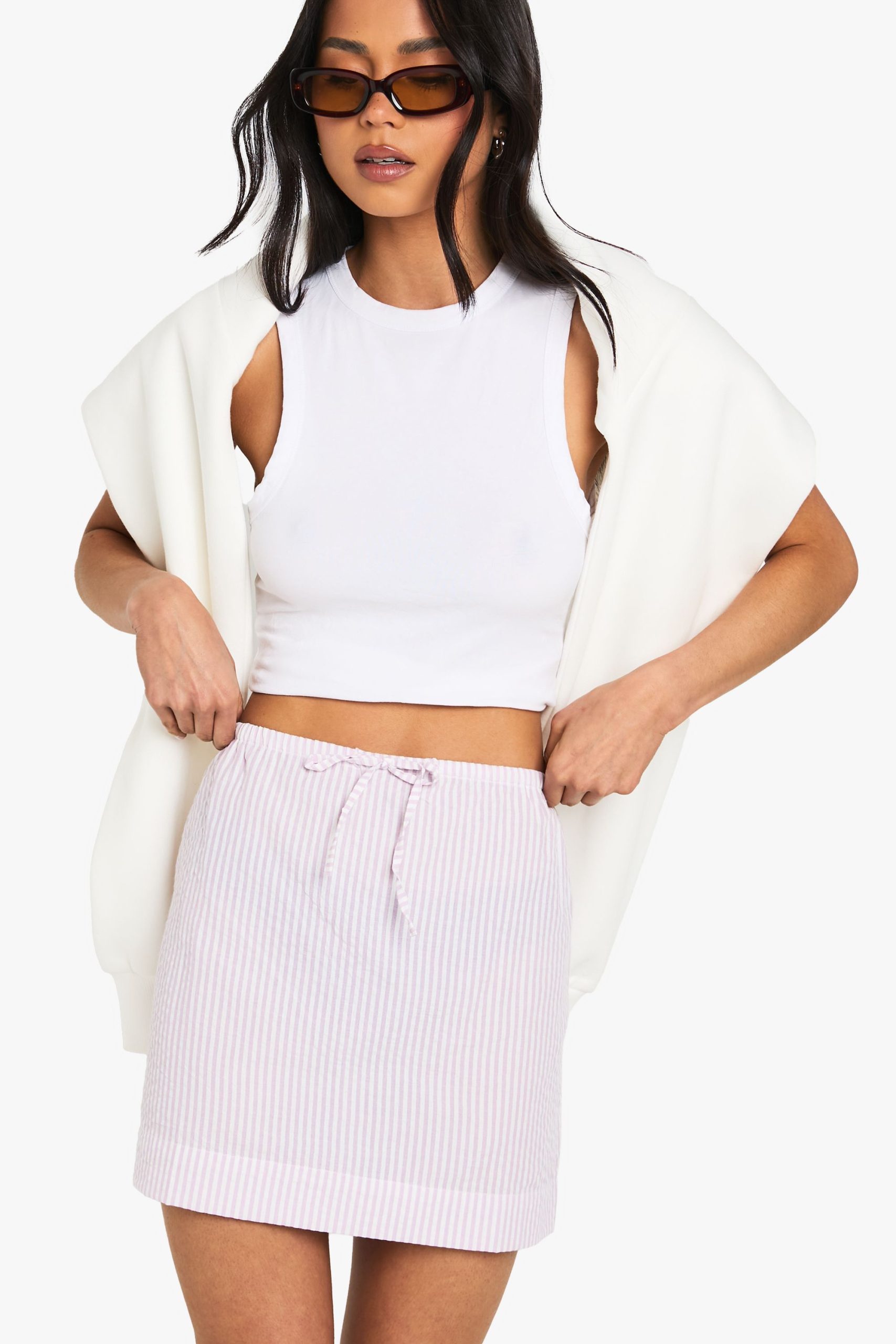 Seersucker Striped Drawstring Waist Skirt - Image 3