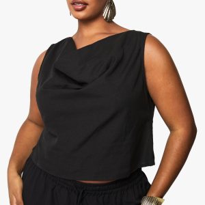 Plus Linen Look Cowl Neck Crop Top