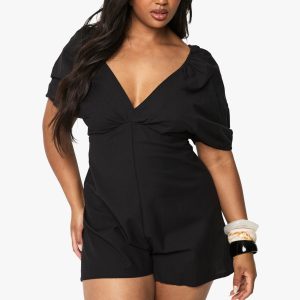 Plus Linen Look Tie Black Puff Sleeve Playsuit