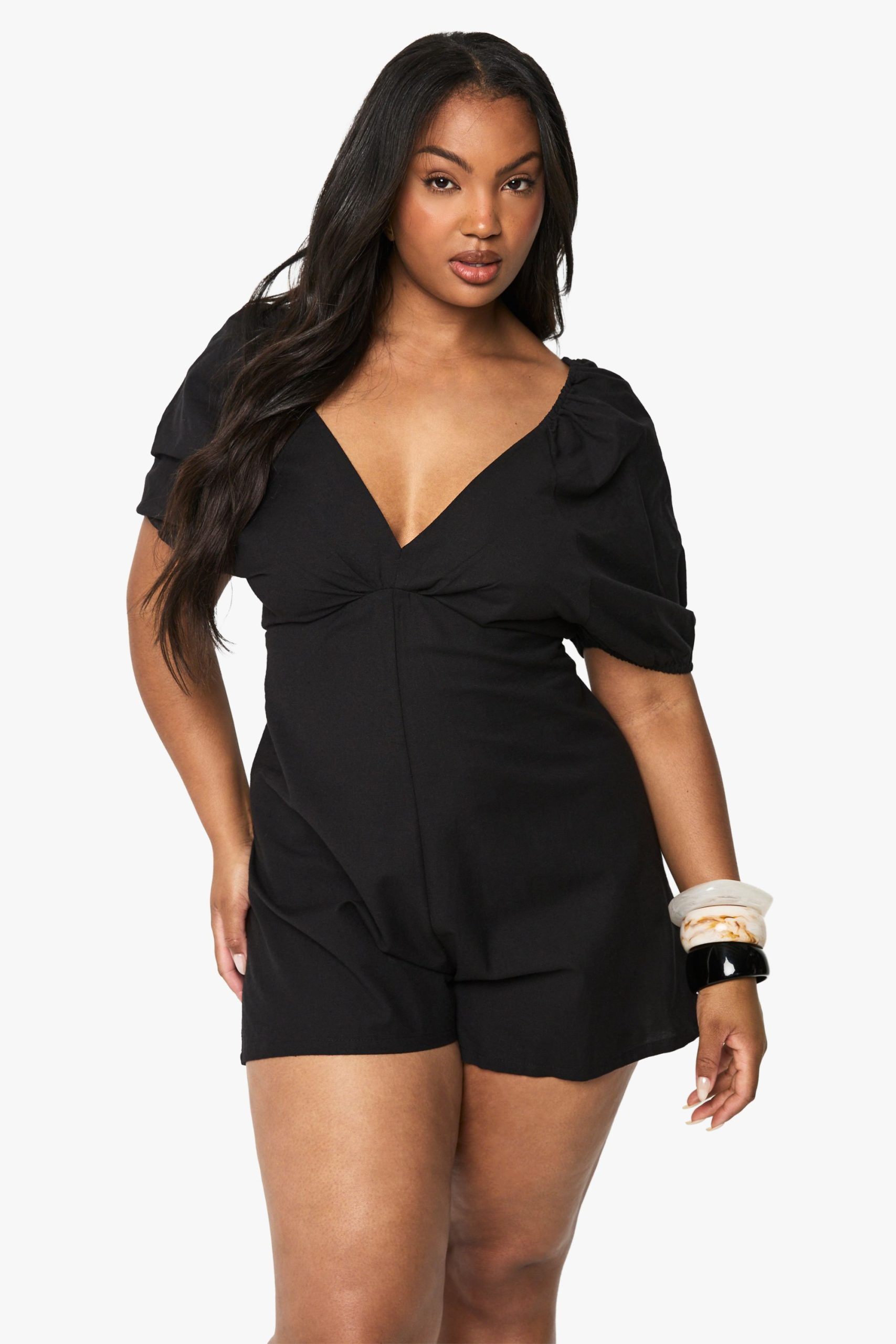 Plus Linen Look Tie Black Puff Sleeve Playsuit