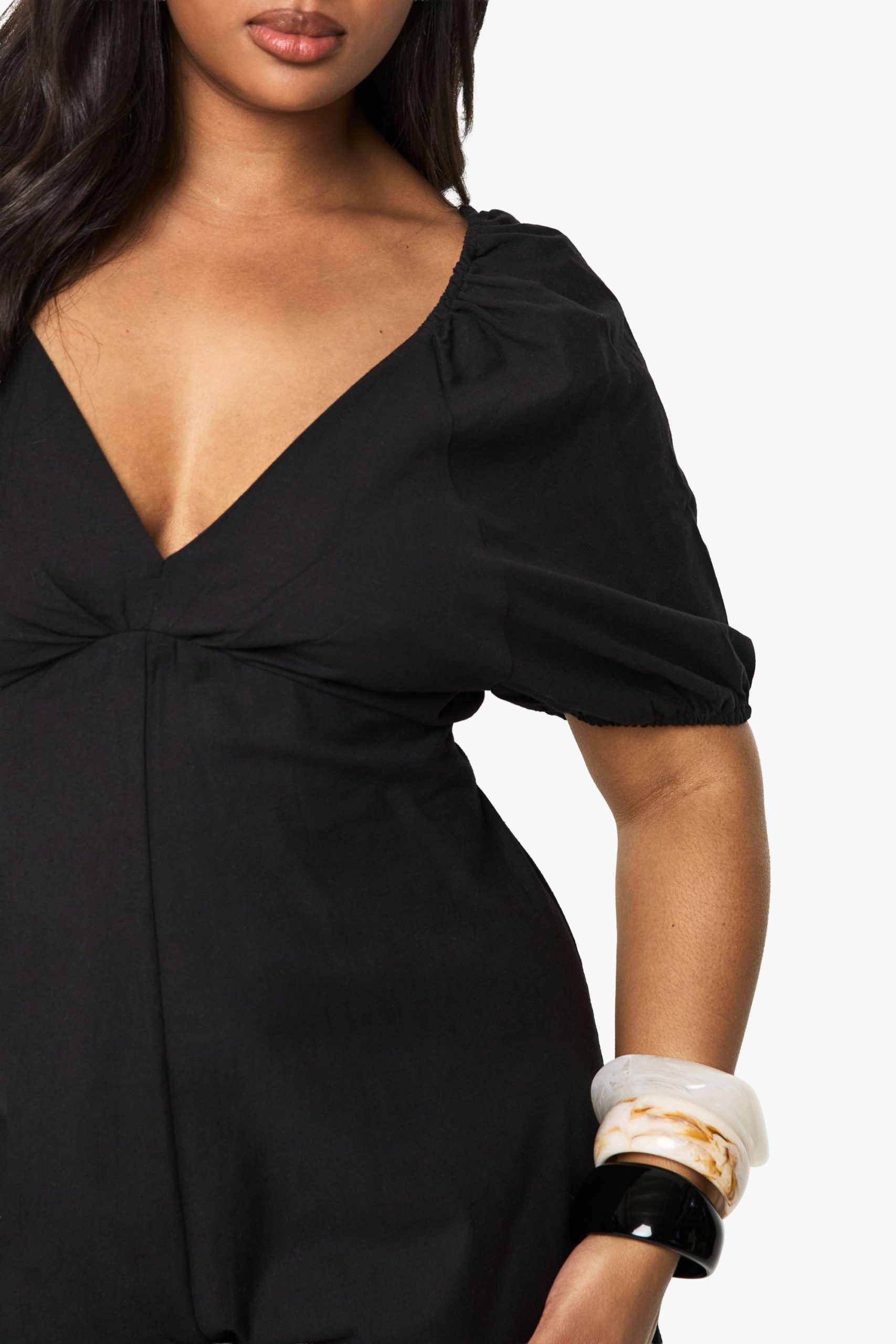 Plus Linen Look Tie Black Puff Sleeve Playsuit - Image 4