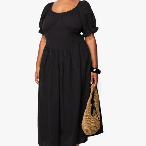 Plus Linen Look Puff Sleeve Midaxi Dress