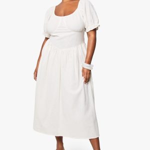 Plus Linen Look Puff Sleeve Midaxi Dress