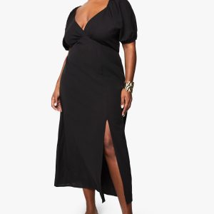 Plus Linen Look Tie Back Puff Sleeve Midaxi Dress