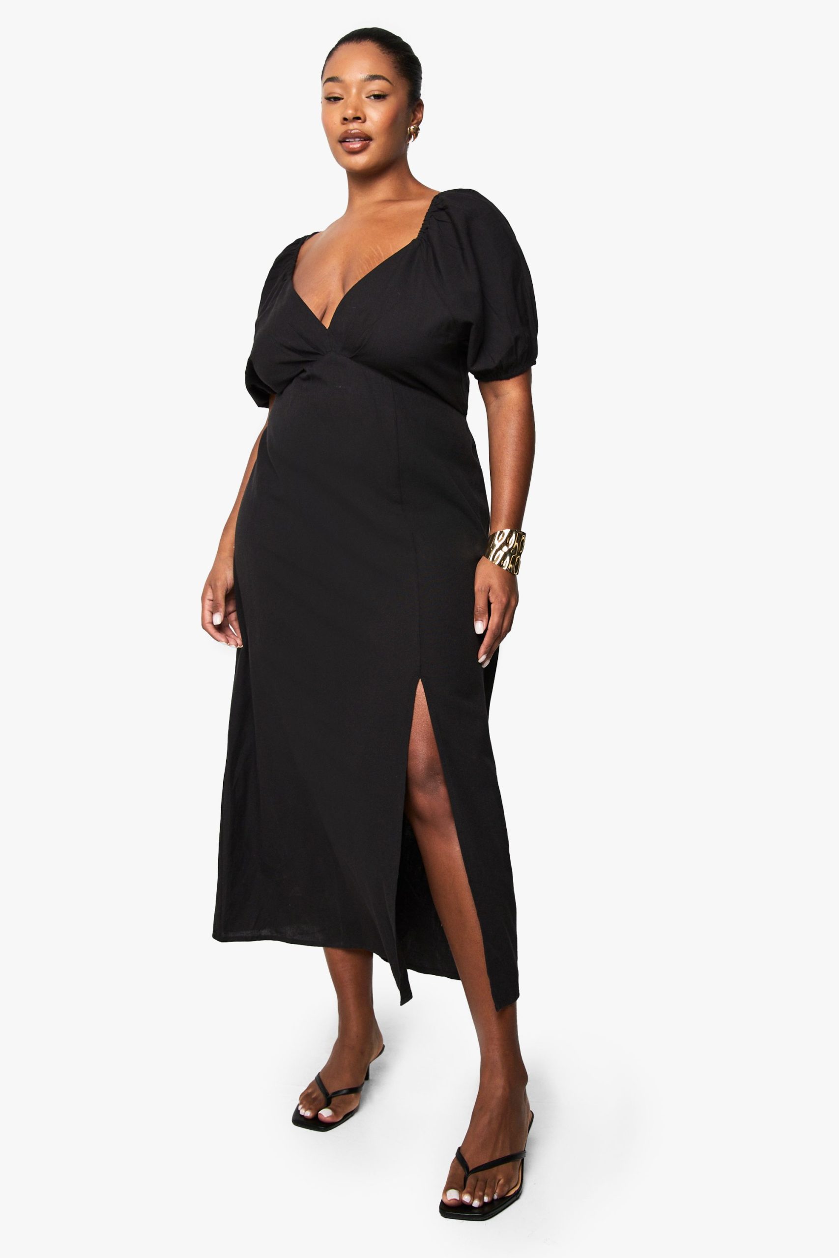 Plus Linen Look Tie Back Puff Sleeve Midaxi Dress