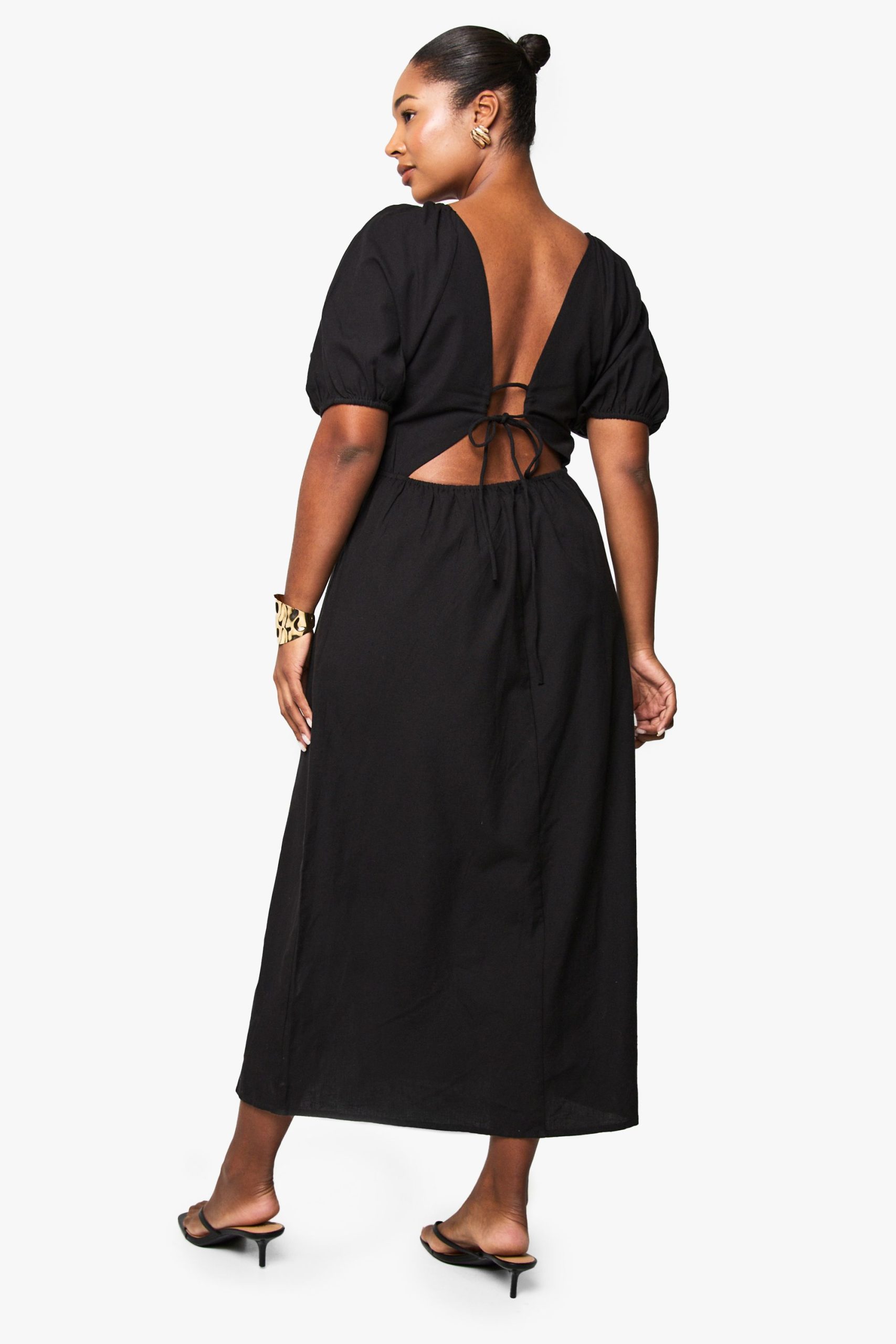 Plus Linen Look Tie Back Puff Sleeve Midaxi Dress - Image 2