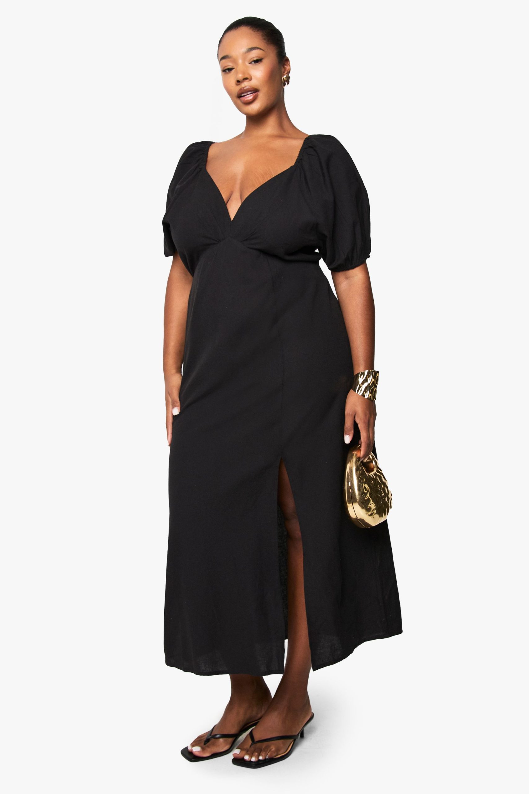 Plus Linen Look Tie Back Puff Sleeve Midaxi Dress - Image 3