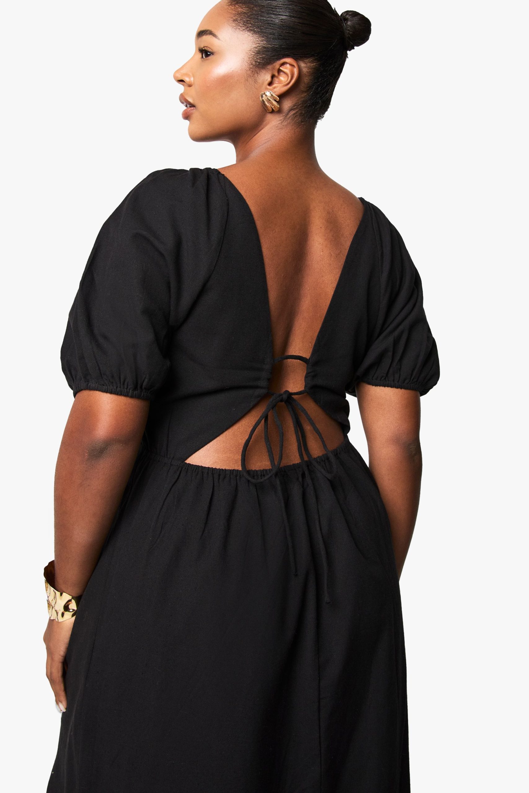 Plus Linen Look Tie Back Puff Sleeve Midaxi Dress - Image 4