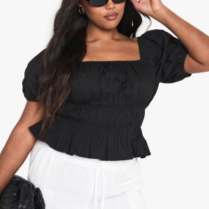 Plus Cotton Shirred Off The Shoulder Top