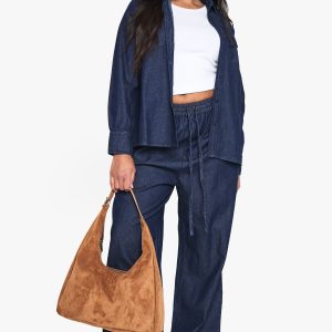 Plus Chambray Drawstring Wide Leg Trouser