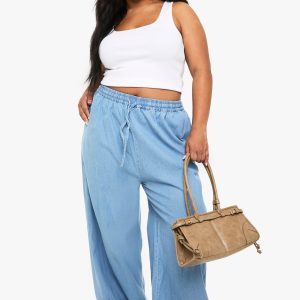 Plus Chambray Drawstring Wide Leg Trouser