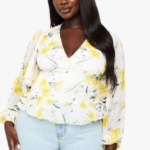 Plus Printed Chiffon Ruffle Hem Blouse