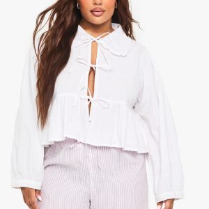 Plus Cotton Collar Tie Front Blouse