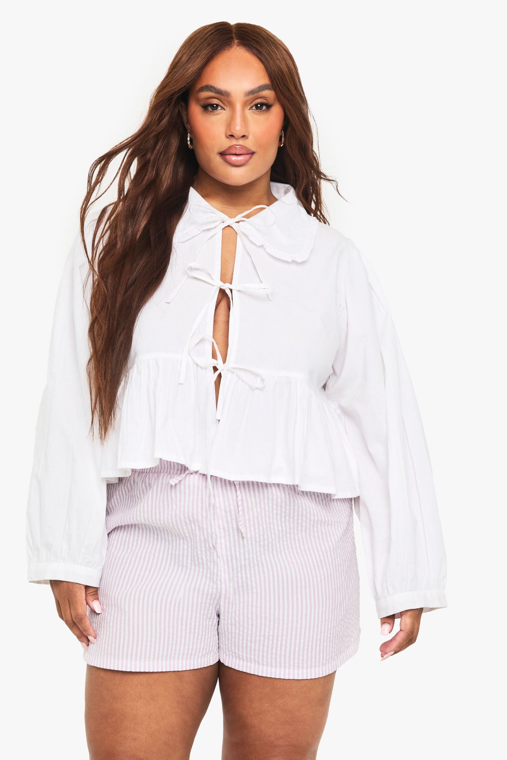 Plus Cotton Collar Tie Front Blouse