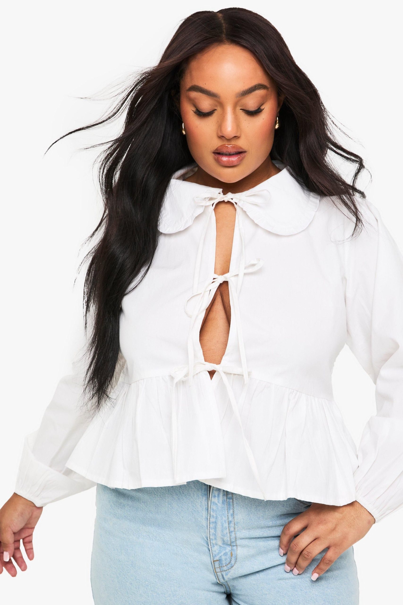 Plus Cotton Collar Tie Front Blouse - Image 5