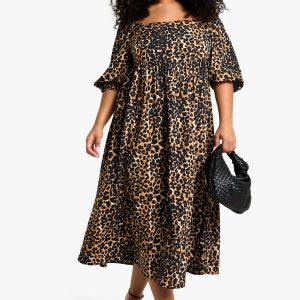 Plus Woven Puff Sleeve Tie Back Smock Dress