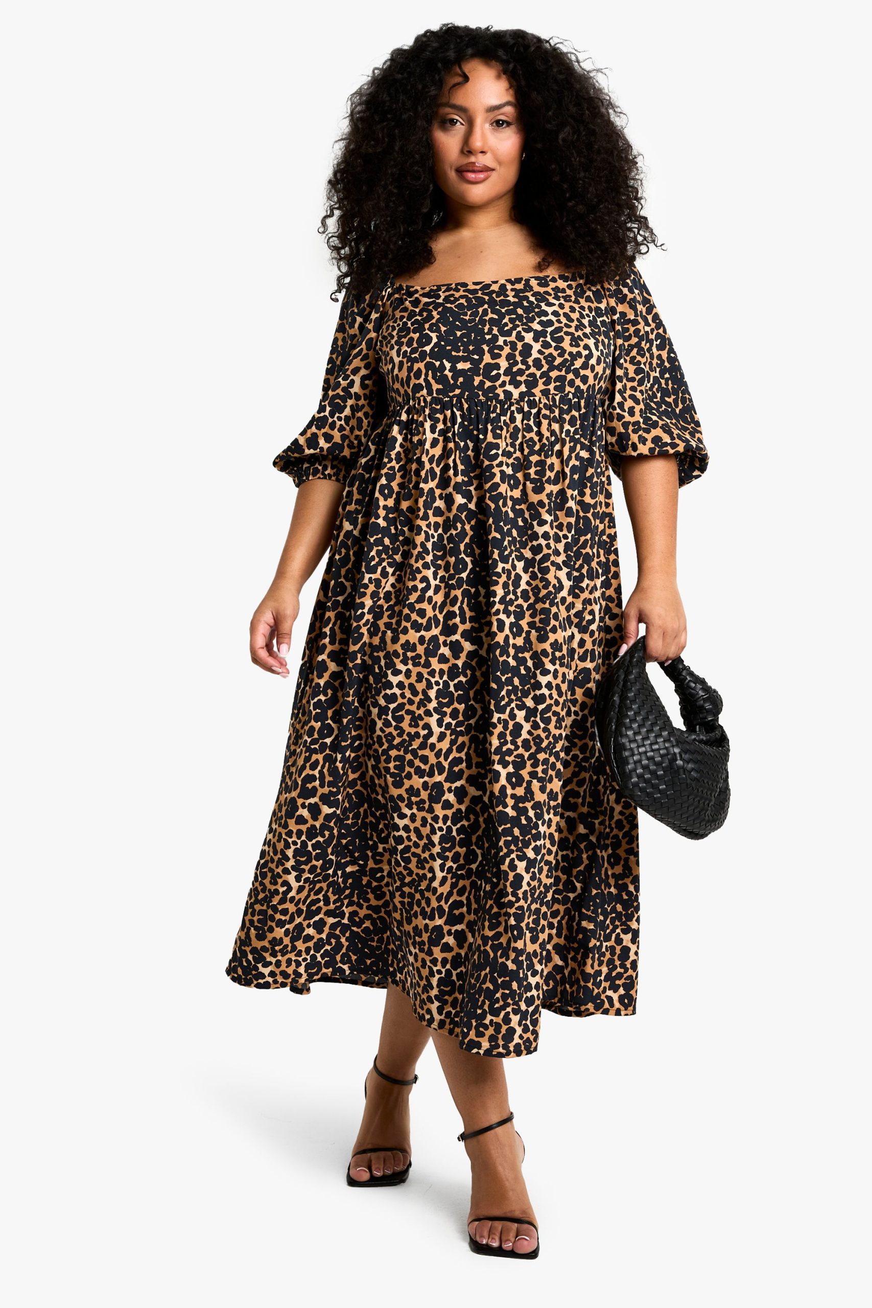 Plus Woven Puff Sleeve Tie Back Smock Dress