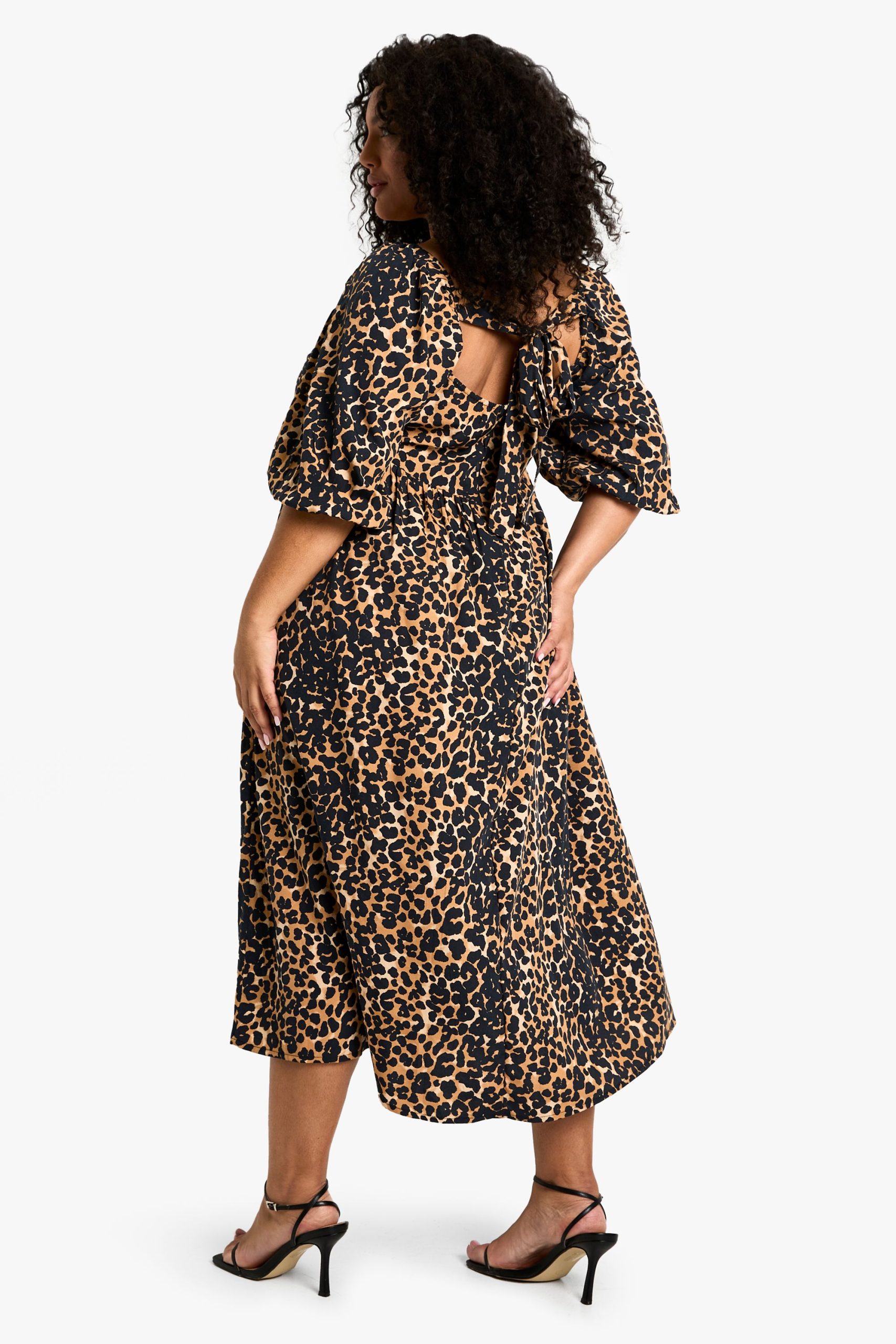 Plus Woven Puff Sleeve Tie Back Smock Dress - Image 2