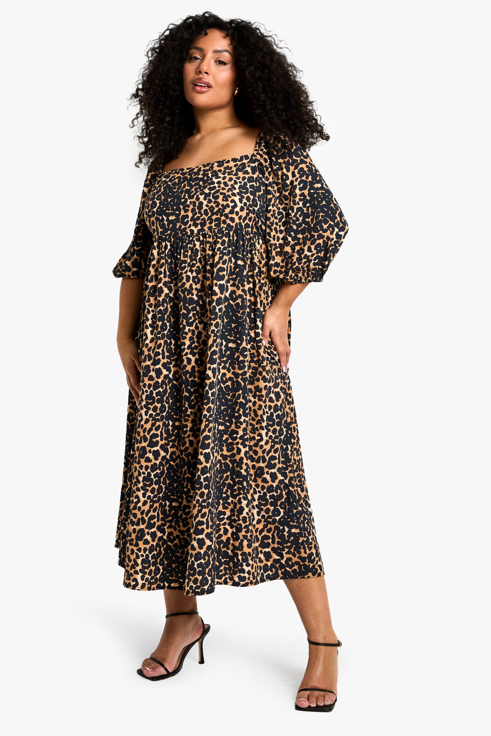 Plus Woven Puff Sleeve Tie Back Smock Dress - Image 3
