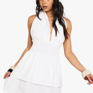 Cotton Ruffle Halterneck Mini Dress