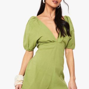 Linen Tie Back Puff Sleeve Playsuit
