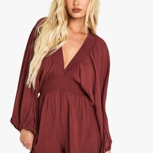 Cheescloth Plunge Long Sleeve Playsuit