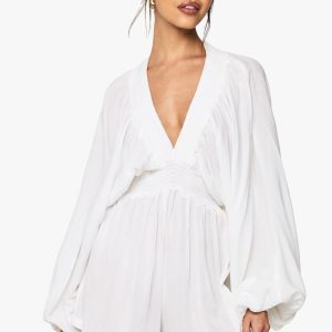 Cheescloth Plunge Long Sleeve Playsuit