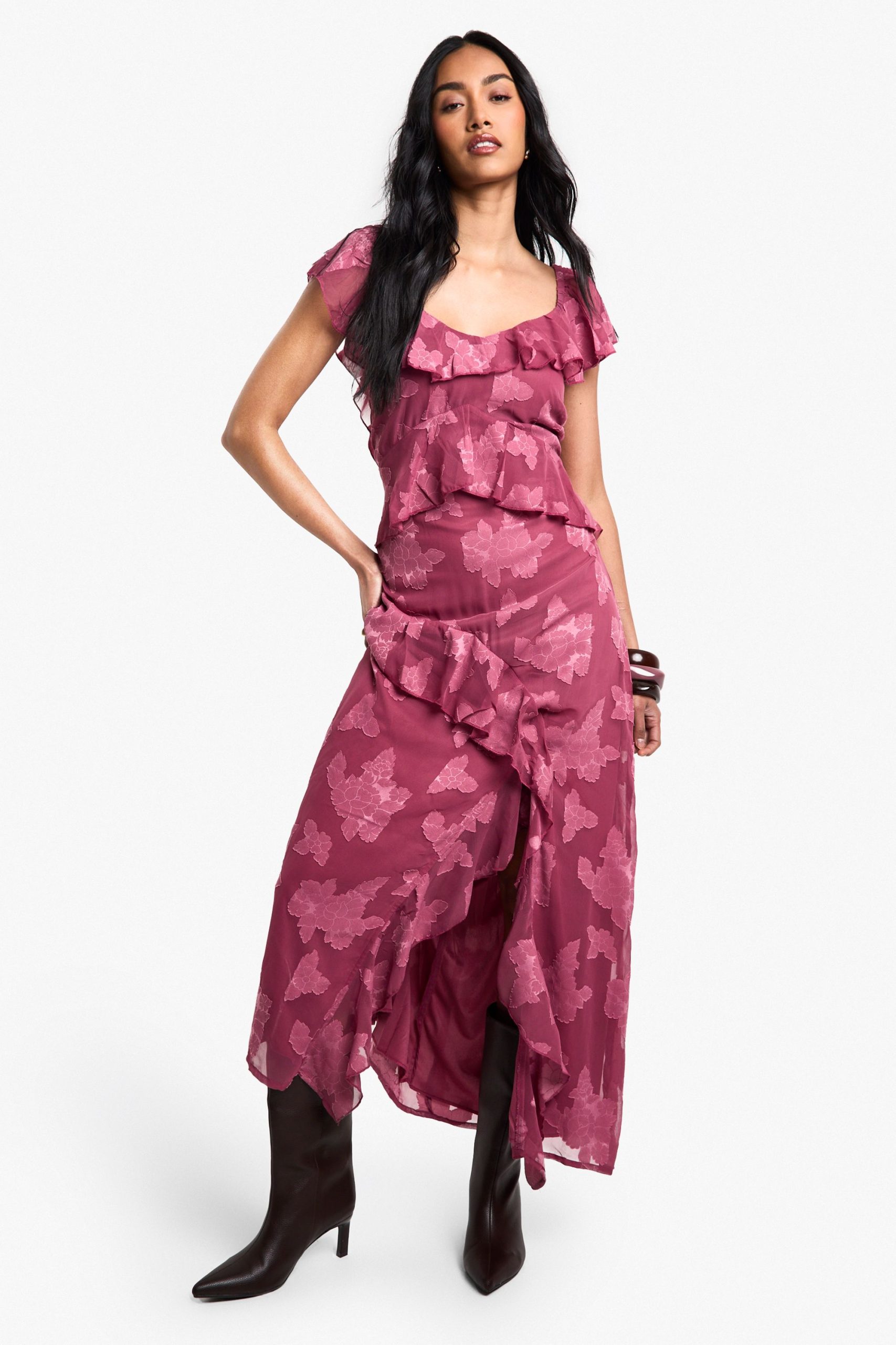 Jacquard Floral Ruffle Maxi Dress