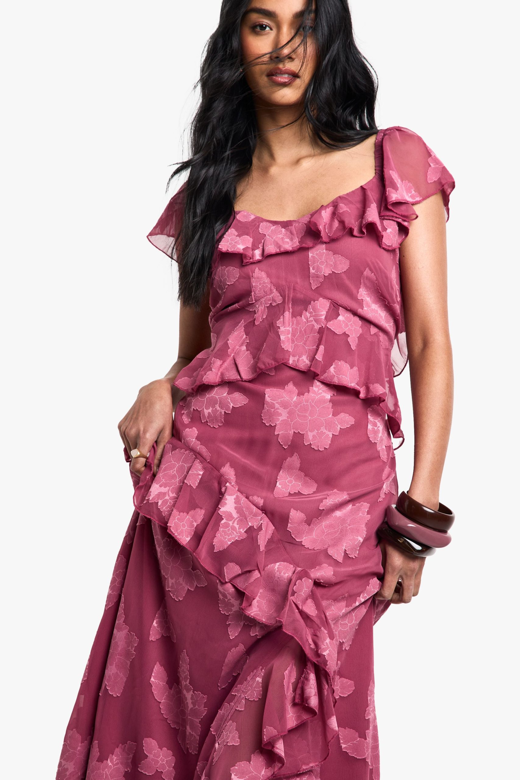 Jacquard Floral Ruffle Maxi Dress - Image 4