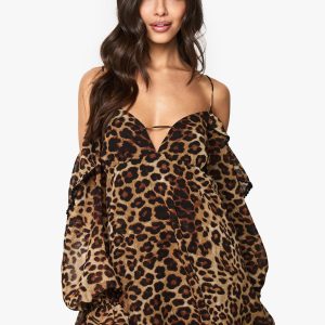Leopard Chiffon Cold Shoulder Ruffle Playsuit