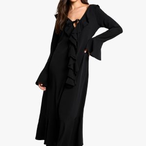 Textured Ruffle Long Sleeve Midaxi Dress