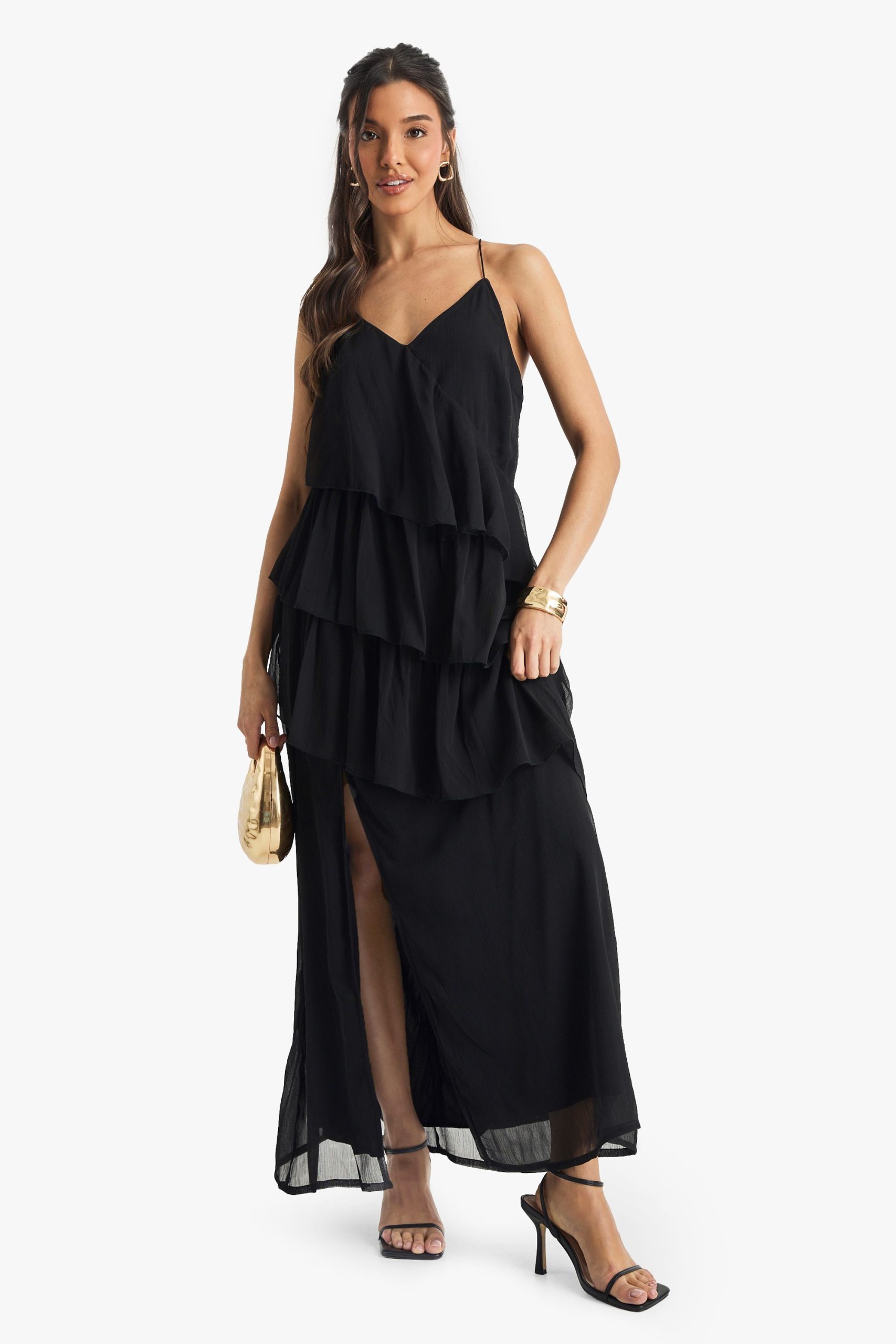 Chiffon Ruffle Cross Back Midaxi Dress