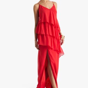 Chiffon Ruffle Cross Back Midaxi Dress
