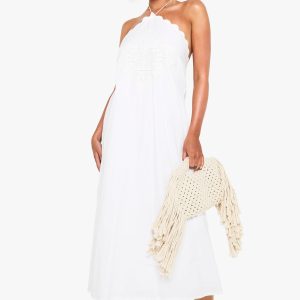 Cotton Crotchet Trim Halterneck Midaxi Dress