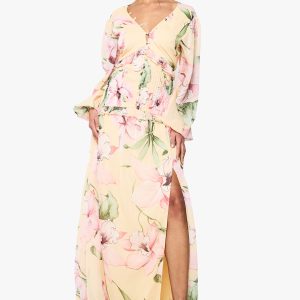 Floral Chiffon Long Sleeve Pleated Waist Maxi Dress