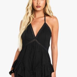 Cotton Halterneck Ruffle Lace Trim Playsuit