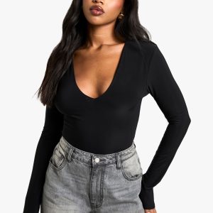 Double Layer Slinky Plunge Front Long Sleeve Bodysuit