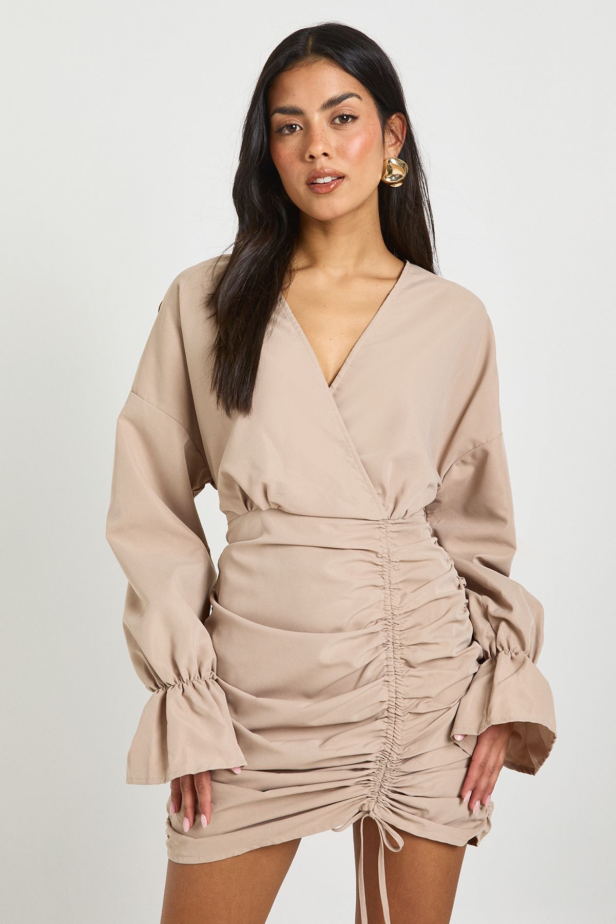 Cotton Ruched Wrap Shirt Dress