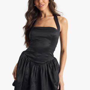 Satin Halterneck Drop Waist Volume Mini Dress