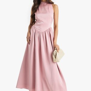 Premium Satin High Neck Volume Midaxi Dress
