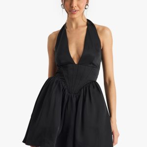 Satin Halterneck Boned Detail Volume Mini Dress