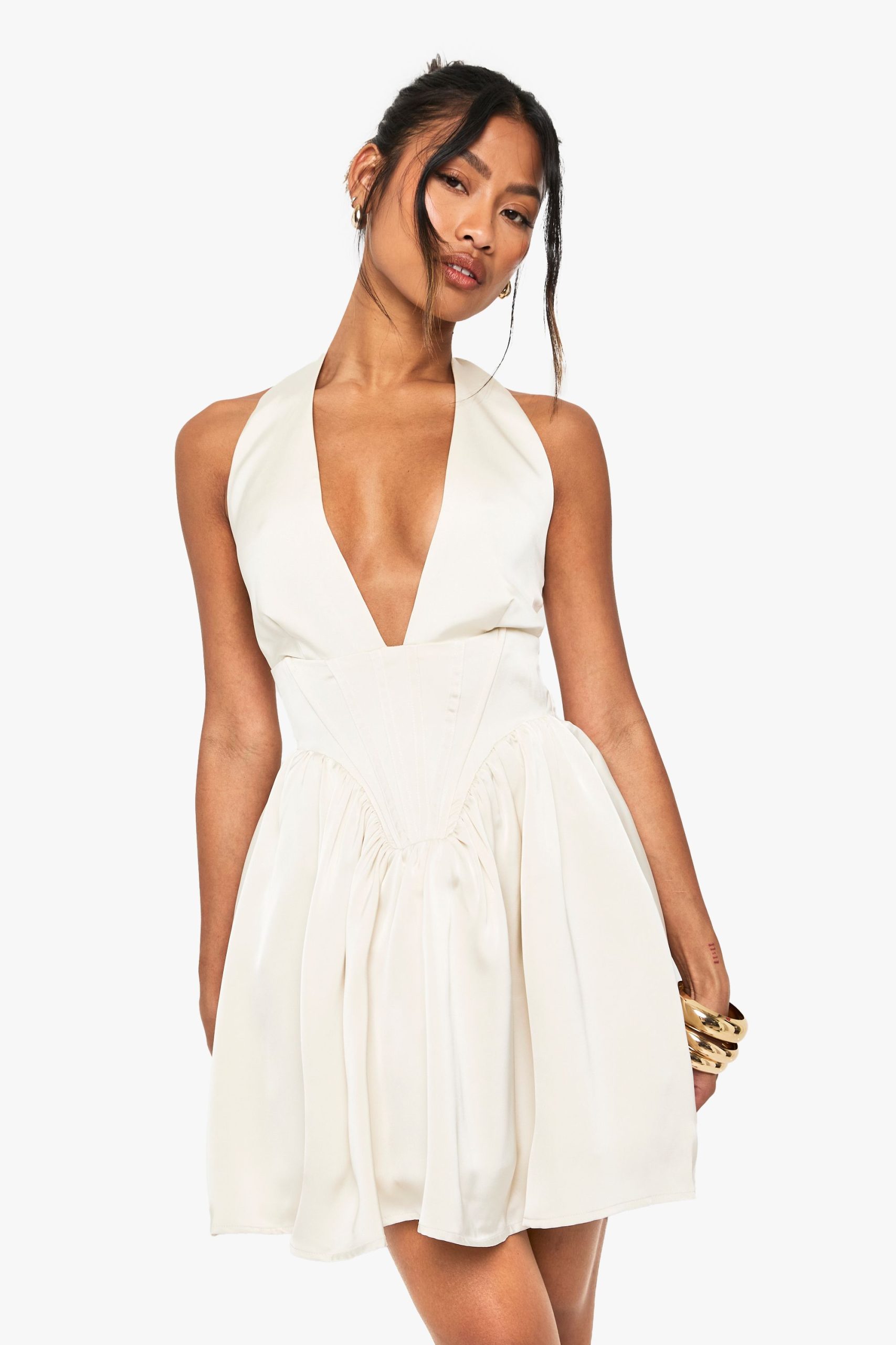 Satin Halterneck Boned Detail Volume Mini Dress