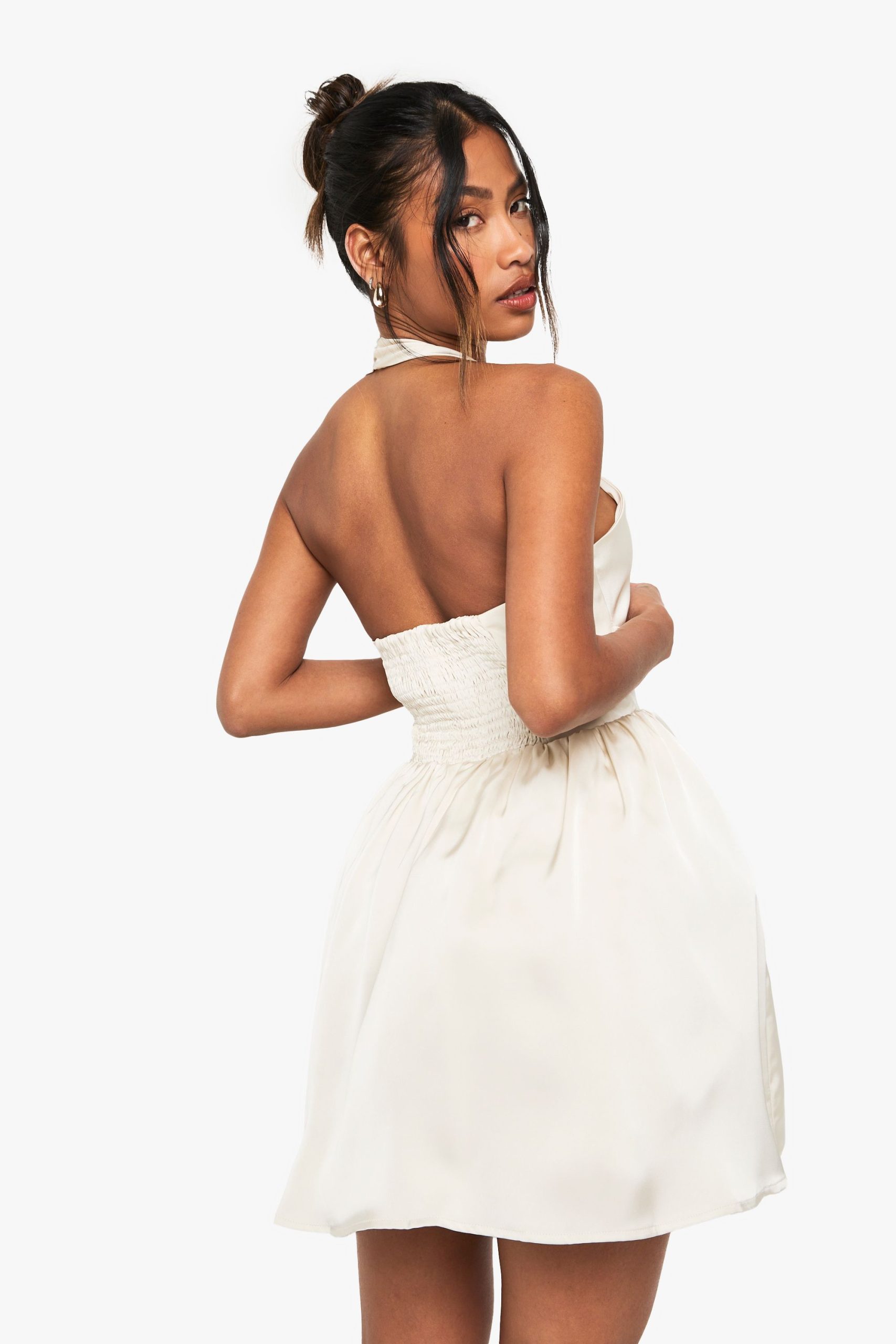 Satin Halterneck Boned Detail Volume Mini Dress - Image 2