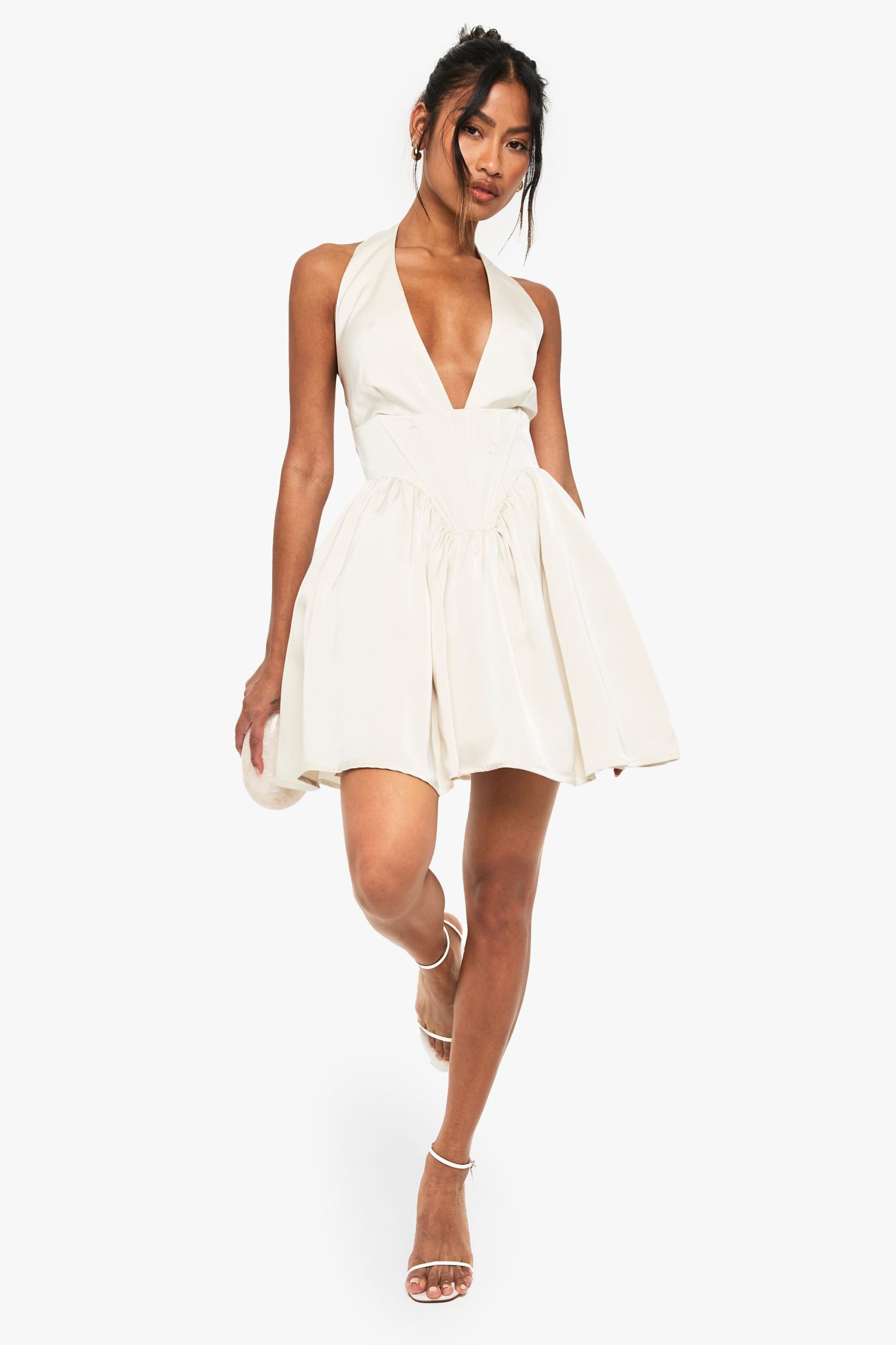 Satin Halterneck Boned Detail Volume Mini Dress - Image 3