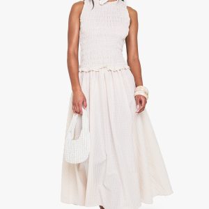 Gingham Shirred Detail Drop Waist Midaxi Dress