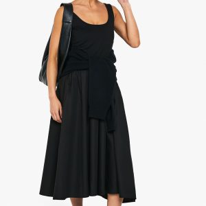Ribbed Scoop Neck Mixed Fabric Smock Midaxi Dress